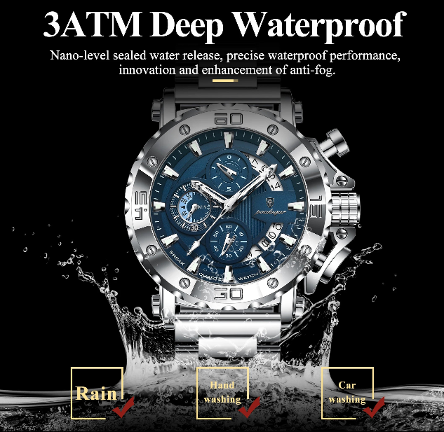 Luxury Men’s Chronograph Watch – Stainless Steel, Waterproof, Luminous, Full Calendar, Quartz Movement