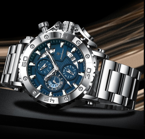 Luxury Men’s Chronograph Watch – Stainless Steel, Waterproof, Luminous, Full Calendar, Quartz Movement