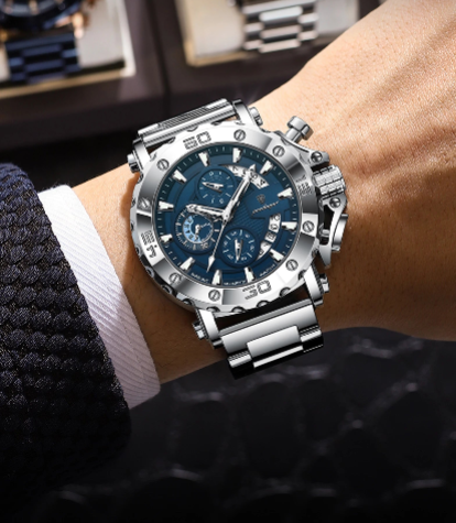 Luxury Men’s Chronograph Watch – Stainless Steel, Waterproof, Luminous, Full Calendar, Quartz Movement