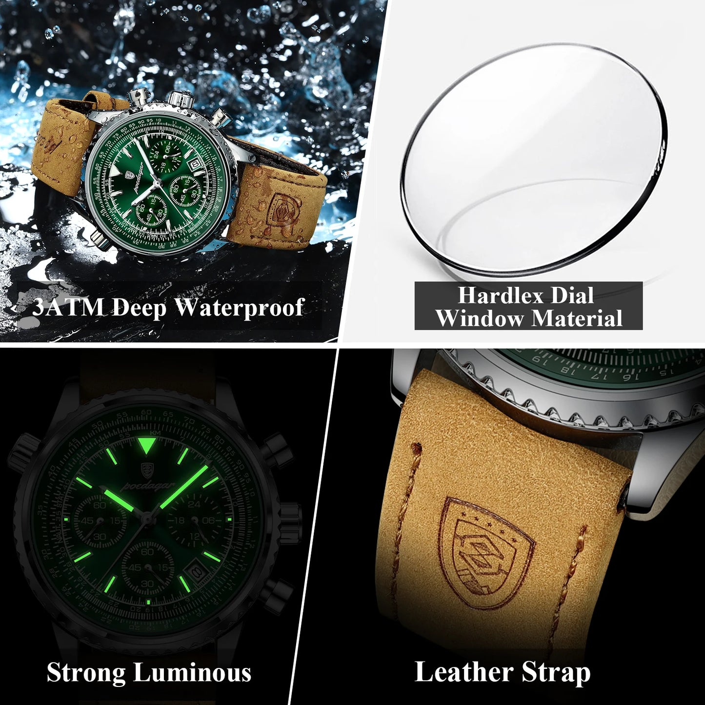 Luxury Men's Chronograph Watch – Waterproof, Luminous, Leather Strap, Quartz Movement, Casual & Sports Design