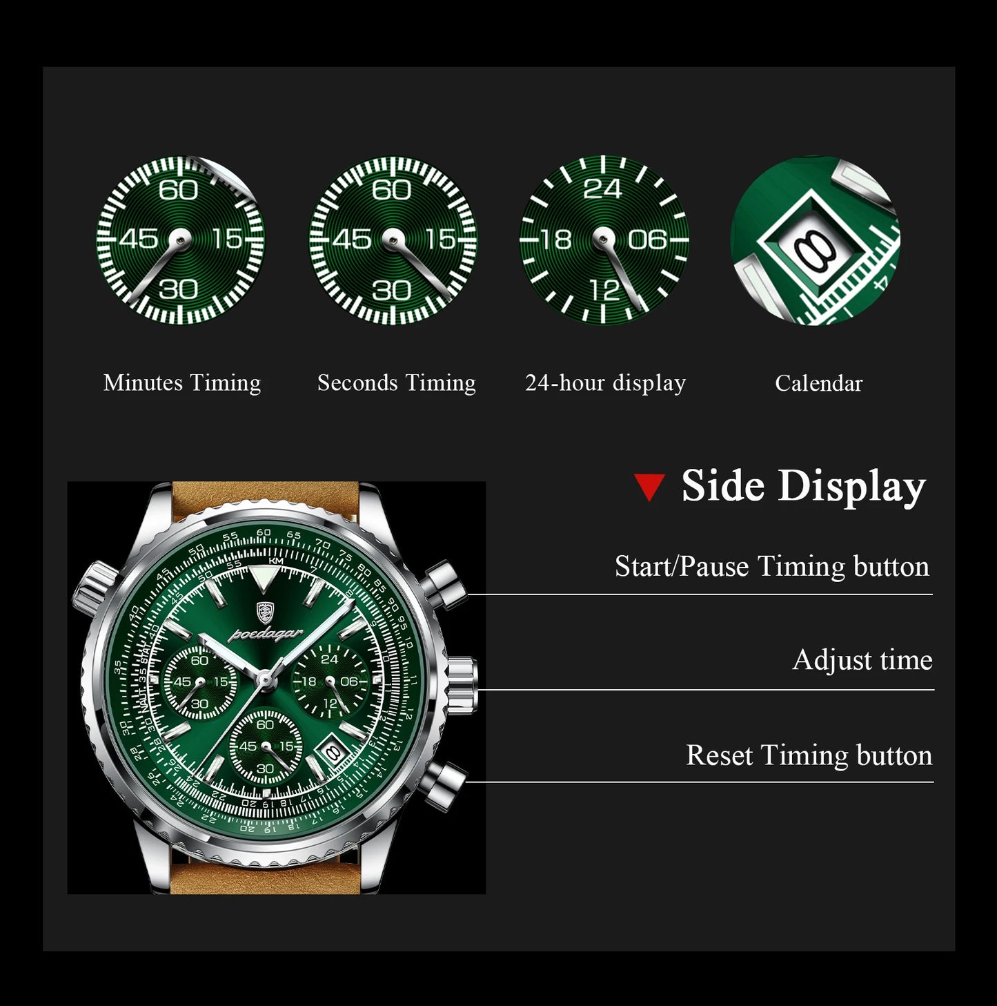 Luxury Men's Chronograph Watch – Waterproof, Luminous, Leather Strap, Quartz Movement, Casual & Sports Design