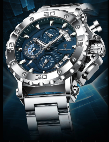 Luxury Men’s Chronograph Watch – Stainless Steel, Waterproof, Luminous, Full Calendar, Quartz Movement