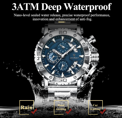 Luxury Men’s Chronograph Watch – Stainless Steel, Waterproof, Luminous, Full Calendar, Quartz Movement