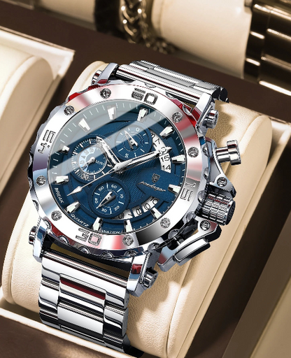 Luxury Men’s Chronograph Watch – Stainless Steel, Waterproof, Luminous, Full Calendar, Quartz Movement