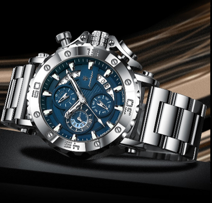 Luxury Men’s Chronograph Watch – Stainless Steel, Waterproof, Luminous, Full Calendar, Quartz Movement