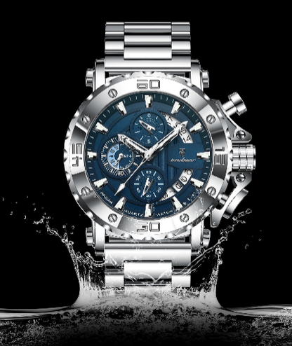 Luxury Men’s Chronograph Watch – Stainless Steel, Waterproof, Luminous, Full Calendar, Quartz Movement