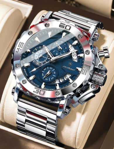 Luxury Men’s Chronograph Watch – Stainless Steel, Waterproof, Luminous, Full Calendar, Quartz Movement