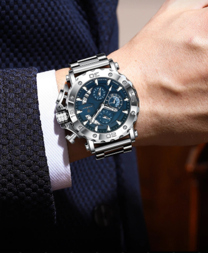 Luxury Men’s Chronograph Watch – Stainless Steel, Waterproof, Luminous, Full Calendar, Quartz Movement