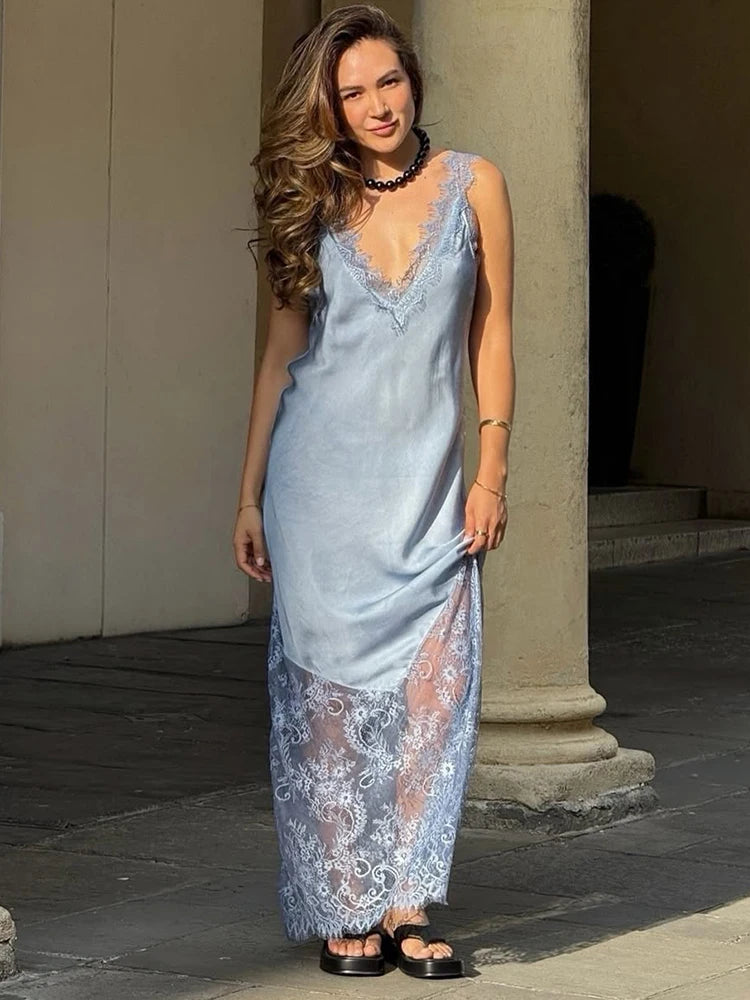 Trendix V-Neck Lace Backless Maxi Dress – Elegant Off-Shoulder Slip Dress for Women, Autumn 2025 Party & Evening Wear