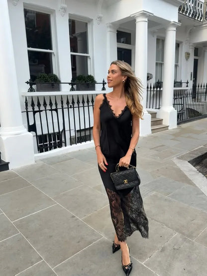 Trendix V-Neck Lace Backless Maxi Dress – Elegant Off-Shoulder Slip Dress for Women, Autumn 2025 Party & Evening Wear