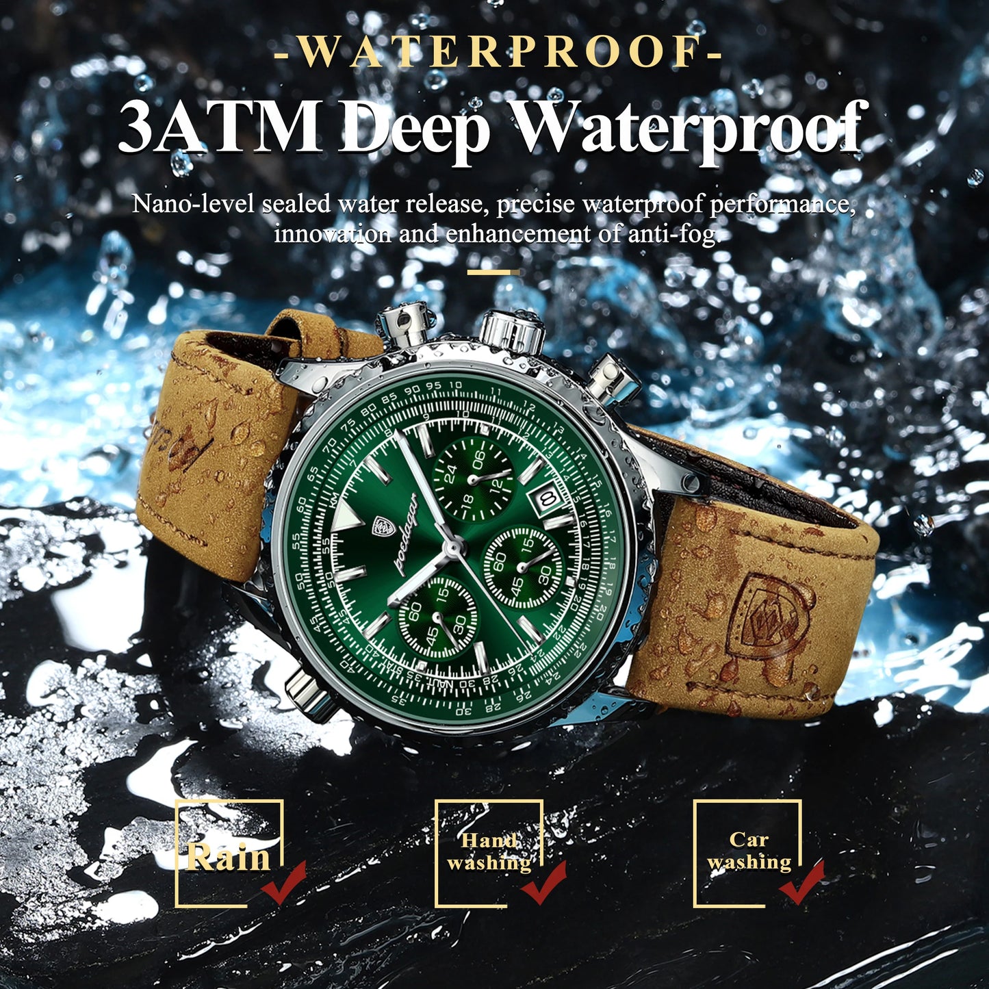 Luxury Men's Chronograph Watch – Waterproof, Luminous, Leather Strap, Quartz Movement, Casual & Sports Design
