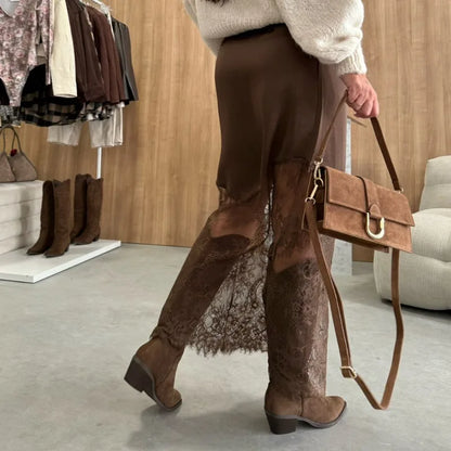 Tornova Elegant Lace Patchwork Maxi Skirt – A-Line Autumn/Winter High Waist Skirt for Women