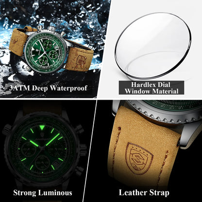 Luxury Men's Chronograph Watch – Waterproof, Luminous, Leather Strap, Quartz Movement, Casual & Sports Design
