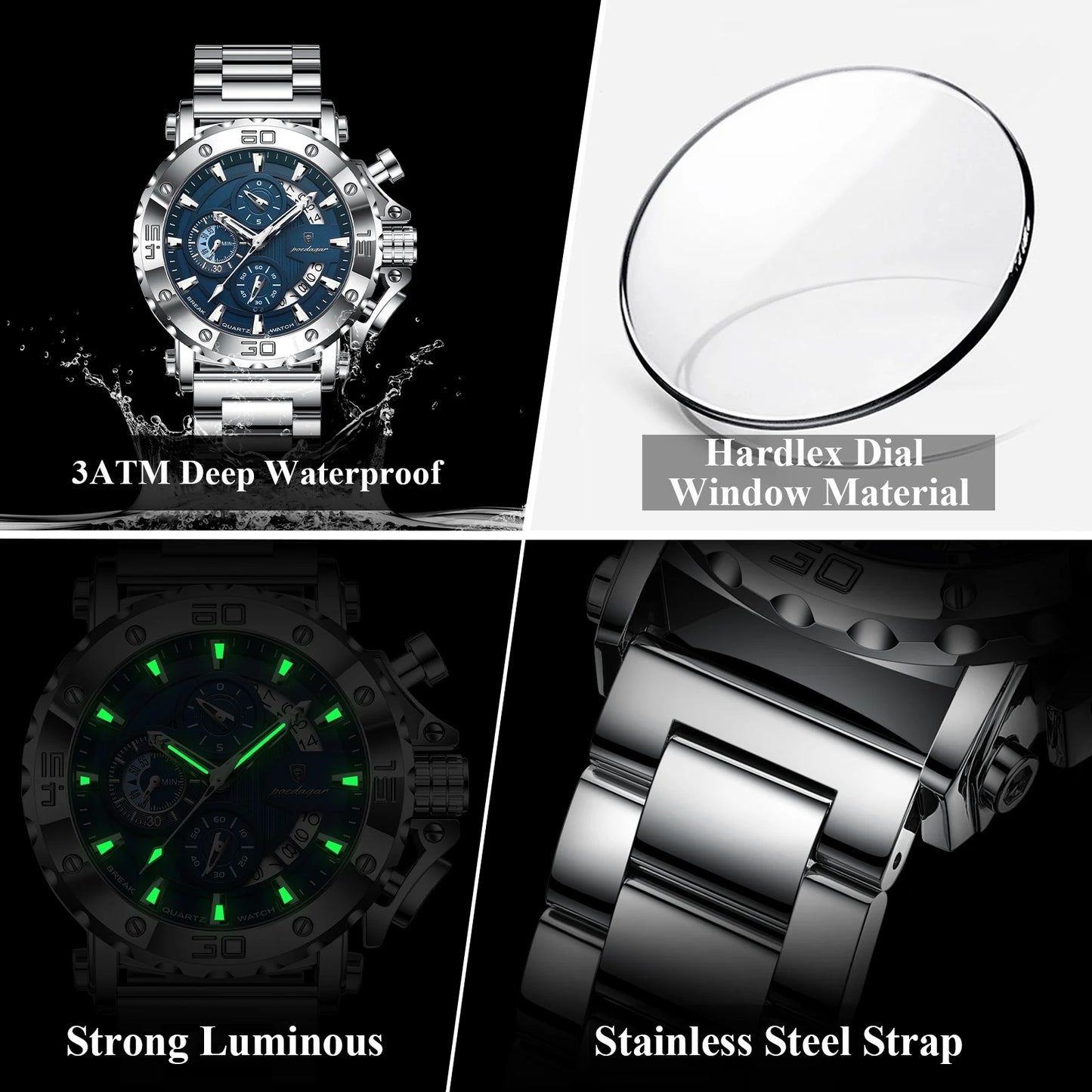 Luxury Men’s Chronograph Watch – Stainless Steel, Waterproof, Luminous, Full Calendar, Quartz Movement