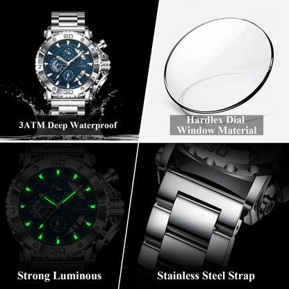 Luxury Men’s Chronograph Watch – Stainless Steel, Waterproof, Luminous, Full Calendar, Quartz Movement