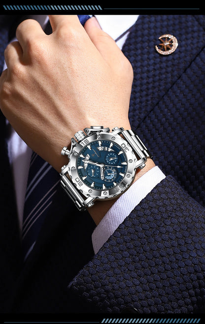 Luxury Men’s Chronograph Watch – Stainless Steel, Waterproof, Luminous, Full Calendar, Quartz Movement