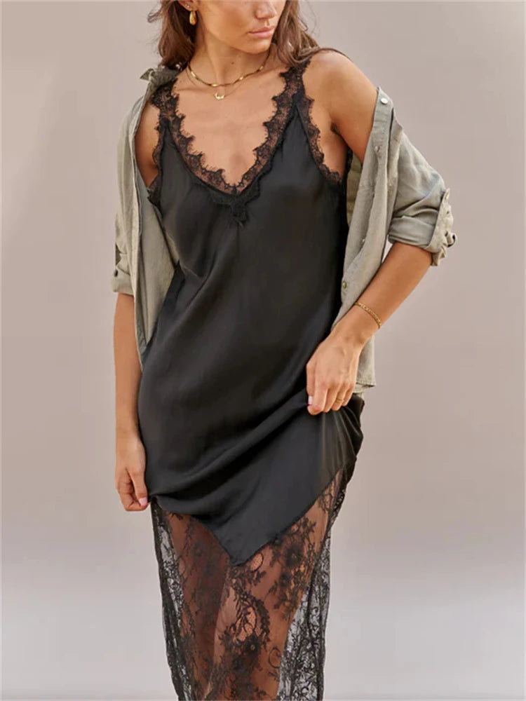 Trendix V-Neck Lace Backless Maxi Dress – Elegant Off-Shoulder Slip Dress for Women, Autumn 2025 Party & Evening Wear