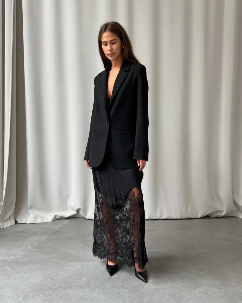 Trendix V-Neck Lace Backless Maxi Dress – Elegant Off-Shoulder Slip Dress for Women, Autumn 2025 Party & Evening Wear