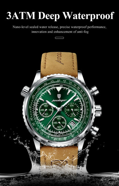 Luxury Men's Chronograph Watch – Waterproof, Luminous, Leather Strap, Quartz Movement, Casual & Sports Design