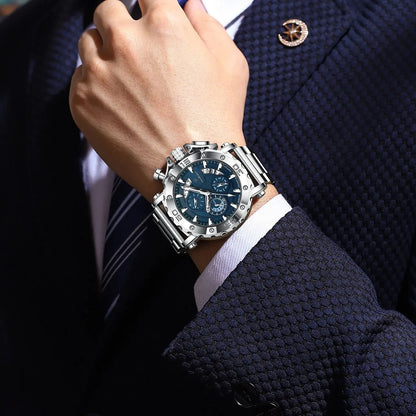 Luxury Men’s Chronograph Watch – Stainless Steel, Waterproof, Luminous, Full Calendar, Quartz Movement