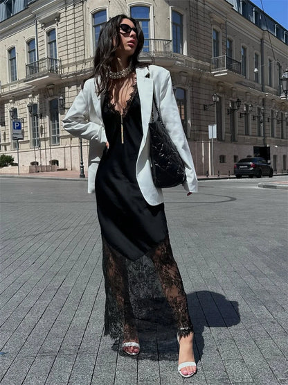 Trendix V-Neck Lace Backless Maxi Dress – Elegant Off-Shoulder Slip Dress for Women, Autumn 2025 Party & Evening Wear