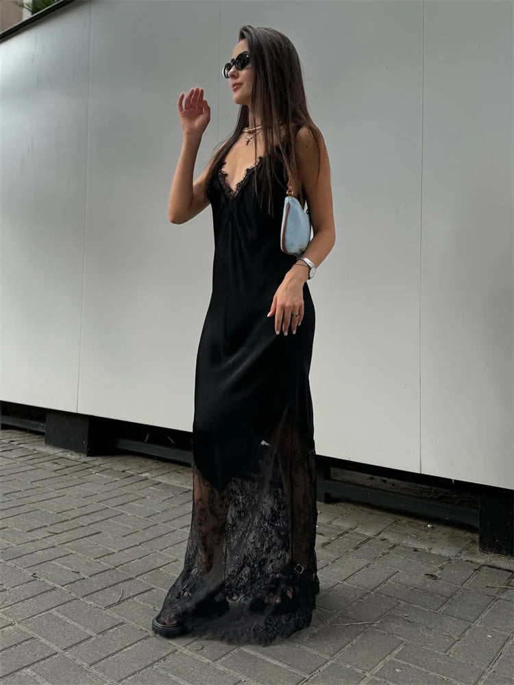 Trendix V-Neck Lace Backless Maxi Dress – Elegant Off-Shoulder Slip Dress for Women, Autumn 2025 Party & Evening Wear