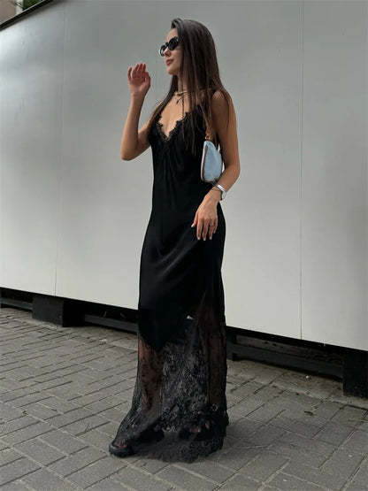 Trendix V-Neck Lace Backless Maxi Dress – Elegant Off-Shoulder Slip Dress for Women, Autumn 2025 Party & Evening Wear