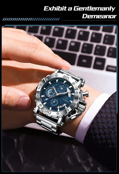 Luxury Men’s Chronograph Watch – Stainless Steel, Waterproof, Luminous, Full Calendar, Quartz Movement
