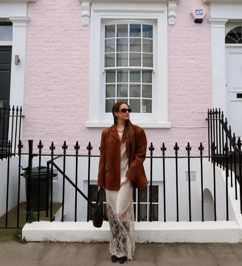 Trendix V-Neck Lace Backless Maxi Dress – Elegant Off-Shoulder Slip Dress for Women, Autumn 2025 Party & Evening Wear