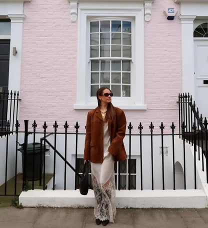 Trendix V-Neck Lace Backless Maxi Dress – Elegant Off-Shoulder Slip Dress for Women, Autumn 2025 Party & Evening Wear